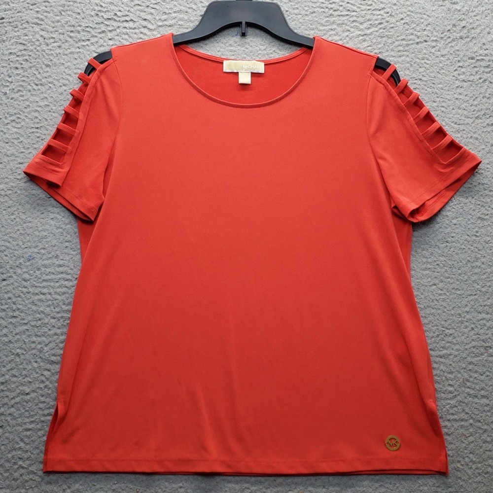 Michael Kors Blouse Womens Large Red Gold Logo Strappy Sleeves Gorgeous Pullover